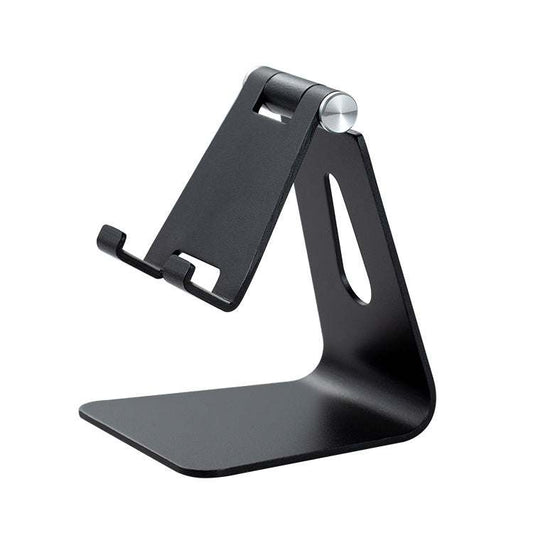 Phone and tablet stand in Black Foldable Aluminum Alloy, with an adjustable hinge, slotted support arm and raised device hooks.
