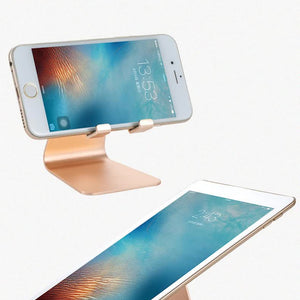 Black Foldable Aluminum Alloy phone and tablet stand with an adjustable hinge and front support tabs
