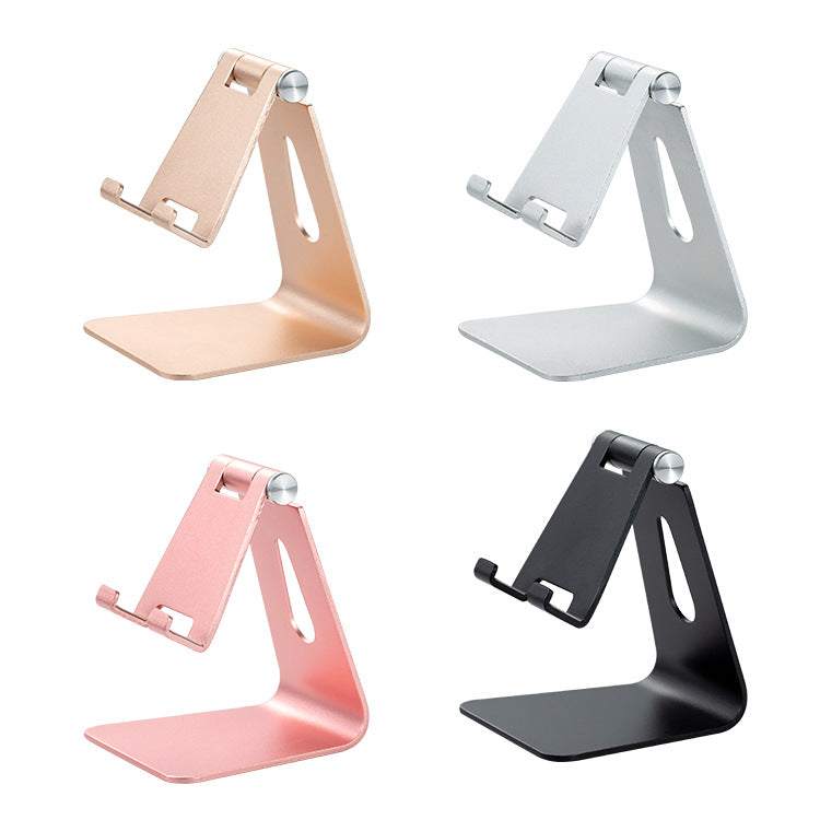 Phone and tablet stand in Black Foldable Aluminum Alloy with a hinged design, adjustable support arm and device-holding lip