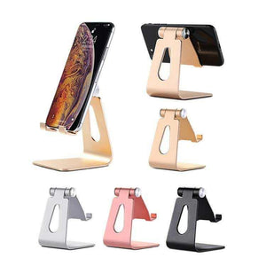 Black Foldable Aluminum Alloy phone and tablet stand with a hinged metal frame, shown alongside gold, silver and pink stands