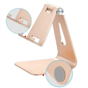 Foldable phone and tablet stand in rose gold aluminum with adjustable hinge, cutout arm, and silicone grip pads; Black Foldable Aluminum Alloy