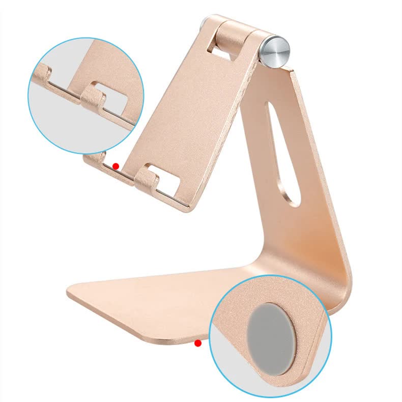 Foldable phone and tablet stand in rose gold aluminum with adjustable hinge, cutout arm, and silicone grip pads; Black Foldable Aluminum Alloy