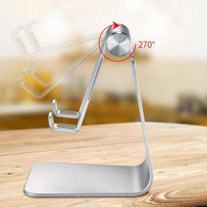 Black Foldable Aluminum Alloy phone and tablet stand with a silver finish, adjustable 270° hinge and raised device hooks