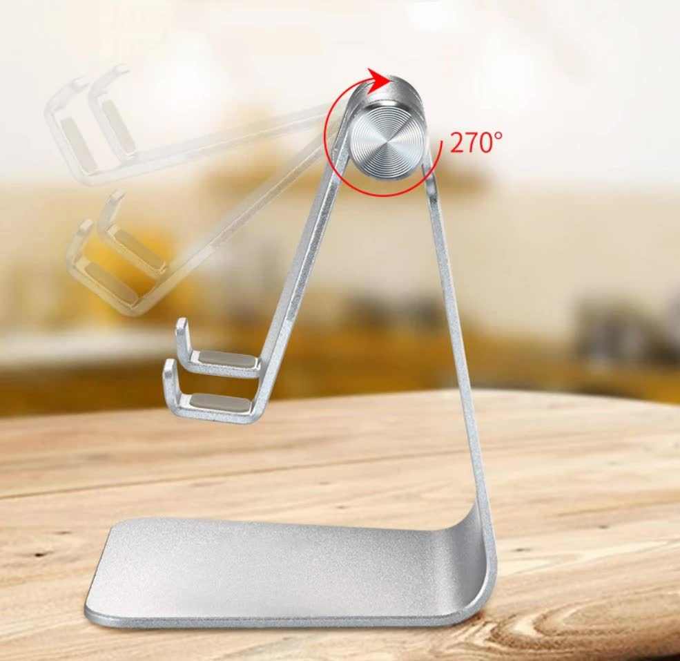 Black Foldable Aluminum Alloy phone and tablet stand with a silver finish, adjustable 270° hinge and raised device hooks