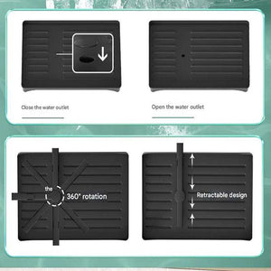 Black Foldable Dish Rack featuring a grooved black drain tray with a closeable water outlet, 360-degree rotation and retractable design