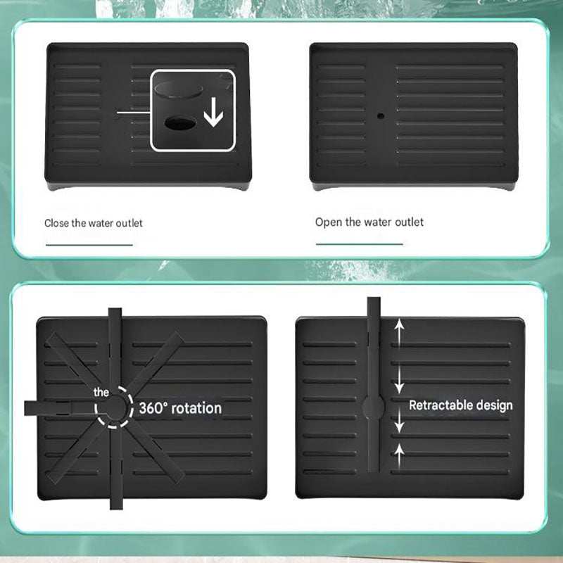 Black Foldable Dish Rack featuring a grooved black drain tray with a closeable water outlet, 360-degree rotation and retractable design