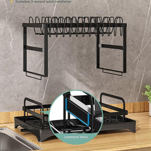 Black Foldable Dish Rack with a powder-coated metal frame, slotted plate dividers and a removable drain tray