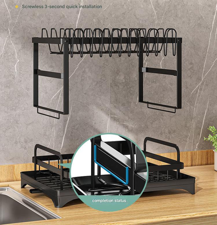 Black Foldable Dish Rack with a powder-coated metal frame, slotted plate dividers and a removable drain tray