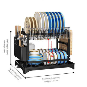 Black Foldable Dish Rack in black metal with plate, bowl and utensil holders, wooden cutting board support and drain tray