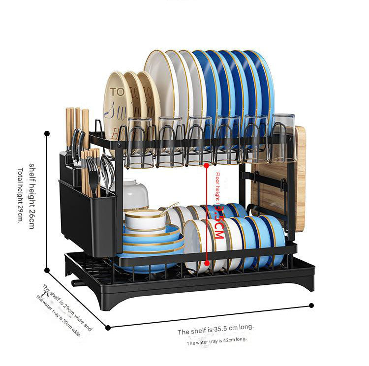 Black Foldable Dish Rack in black metal with plate, bowl and utensil holders, wooden cutting board support and drain tray