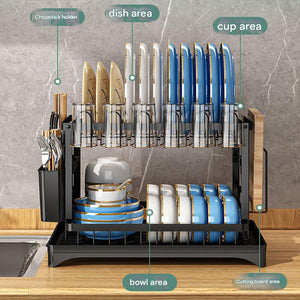 Black Foldable Dish Rack with steel frame, drain tray, utensil holder, and organised slots for plates, bowls, cups and boards