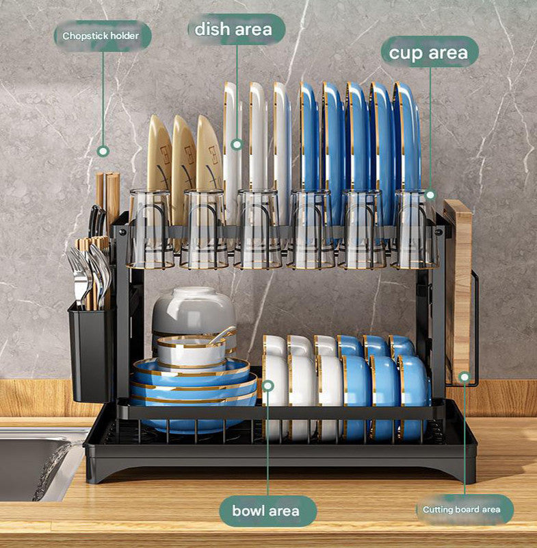 Black Foldable Dish Rack with steel frame, drain tray, utensil holder, and organised slots for plates, bowls, cups and boards