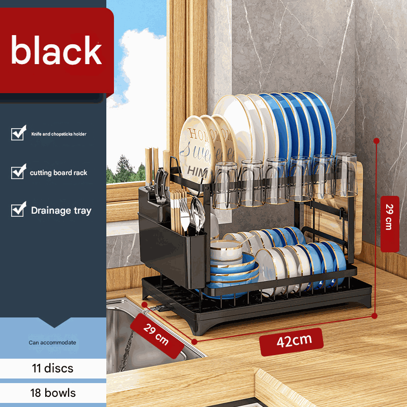 Black Foldable Dish Rack with steel frame, drainage tray, utensil holder, cutting board support, and organised plates and bowls