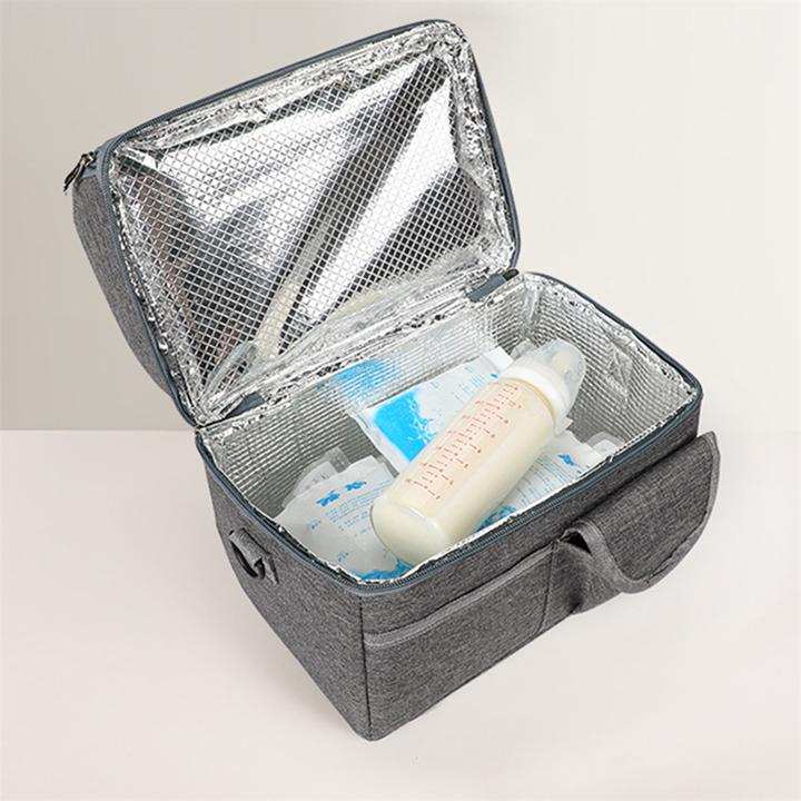 Black Large Insulated Breast Milk Storage Bag in dark grey Oxford fabric, open with reflective foil lining and milk bottle
