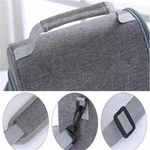 Black Large Insulated Breast Milk Storage Bag in grey woven fabric with a padded top handle, zipper, and adjustable strap clips