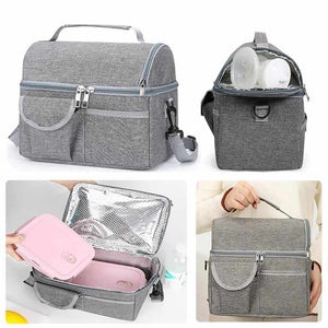 Black Large Insulated Breast Milk Storage Bag in grey Oxford fabric, with dual zippers, carry handle and foil lining