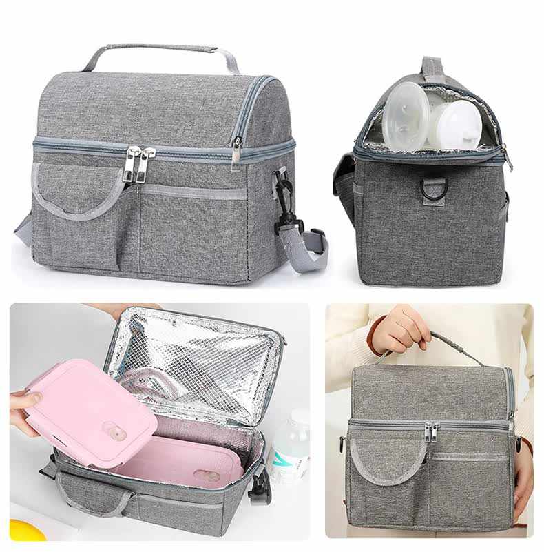 Black Large Insulated Breast Milk Storage Bag in grey Oxford fabric, with dual zippers, carry handle and foil lining