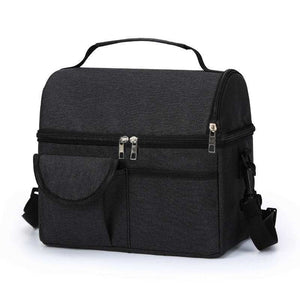 Black Large Insulated Breast Milk Storage Bag in dark Oxford fabric, with dual zippers, front pocket and carry handle
