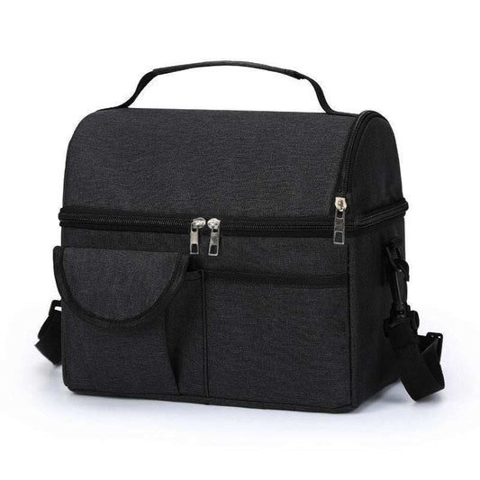 Black Large Insulated Breast Milk Storage Bag in dark Oxford fabric, with dual zippers, front pocket and carry handle