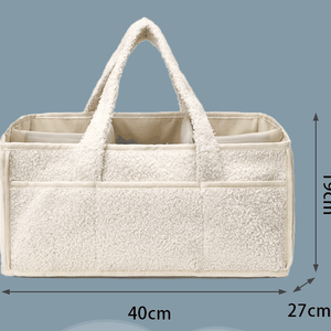 Black Large Plush Nappy Caddy visible as a cream teddy-textured organiser with sturdy handles and divided pockets