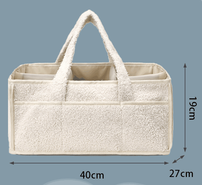 Black Large Plush Nappy Caddy visible as a cream teddy-textured organiser with sturdy handles and divided pockets