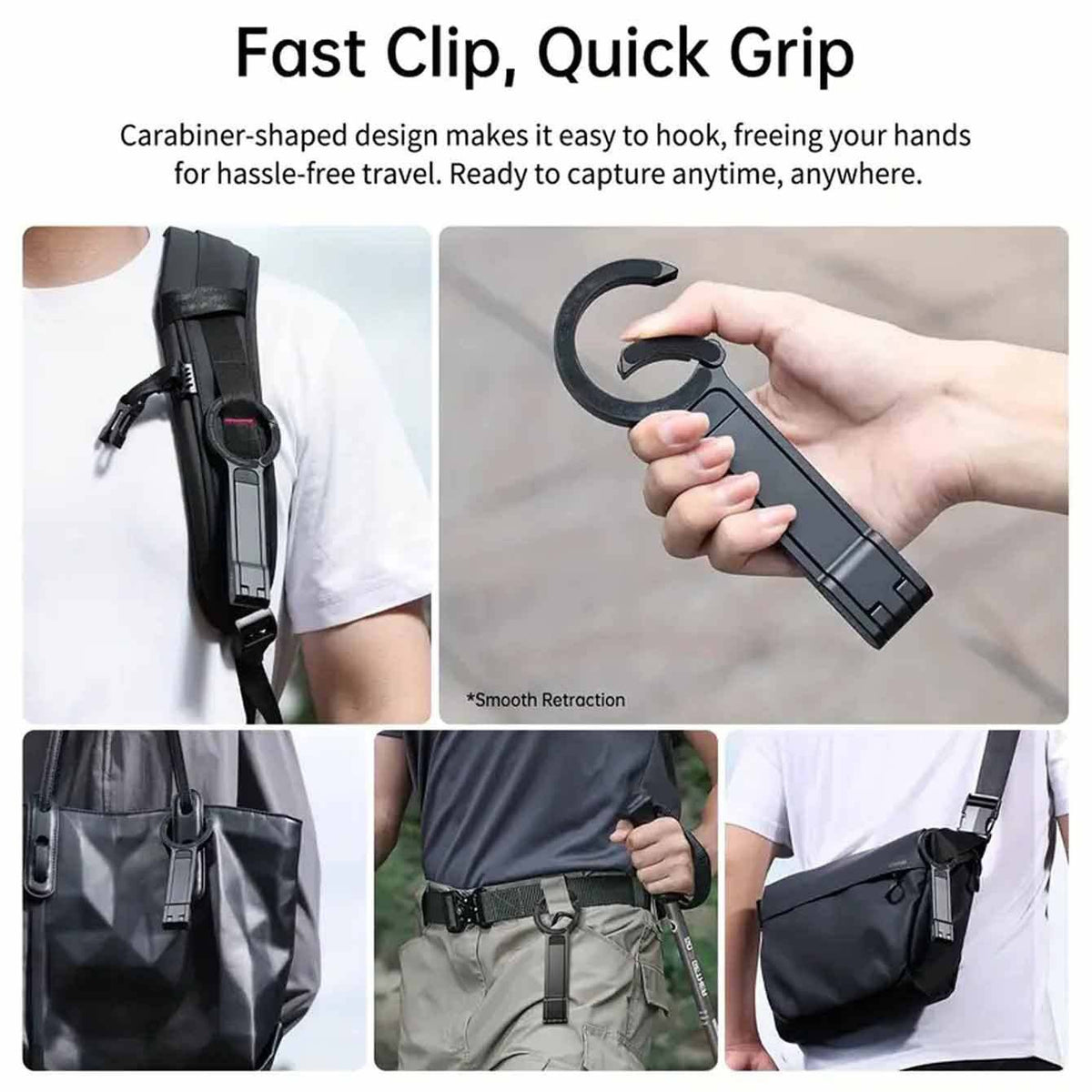Black Magnetic Phone Stand with a long black foldable body and curved carabiner hook for clipping to bags or belts.