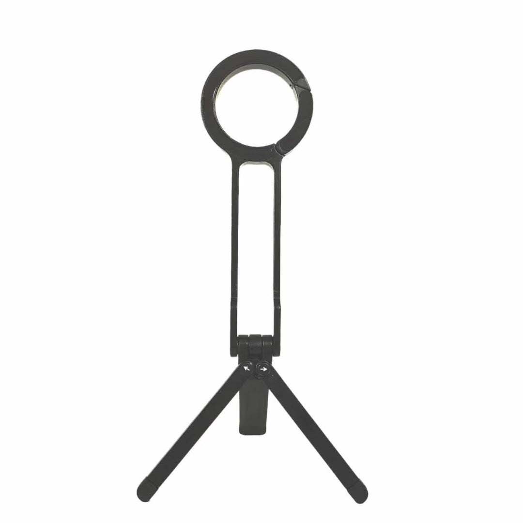Black Magnetic Phone Stand with a matte black finish, circular magnetic ring, and slim foldable tripod legs
