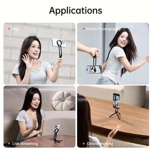 Black Magnetic Phone Stand with a slim black body, circular magnetic mount, foldable tripod legs and carabiner hook