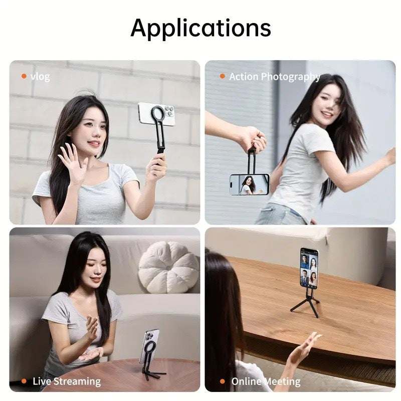 Black Magnetic Phone Stand with a slim black body, circular magnetic mount, foldable tripod legs and carabiner hook