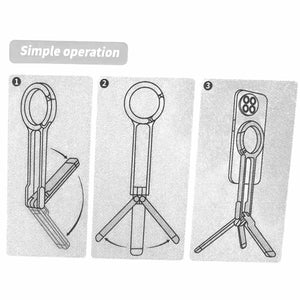 Black Magnetic Phone Stand diagram showing its circular magnetic mount, foldable tripod legs and carabiner-style hook