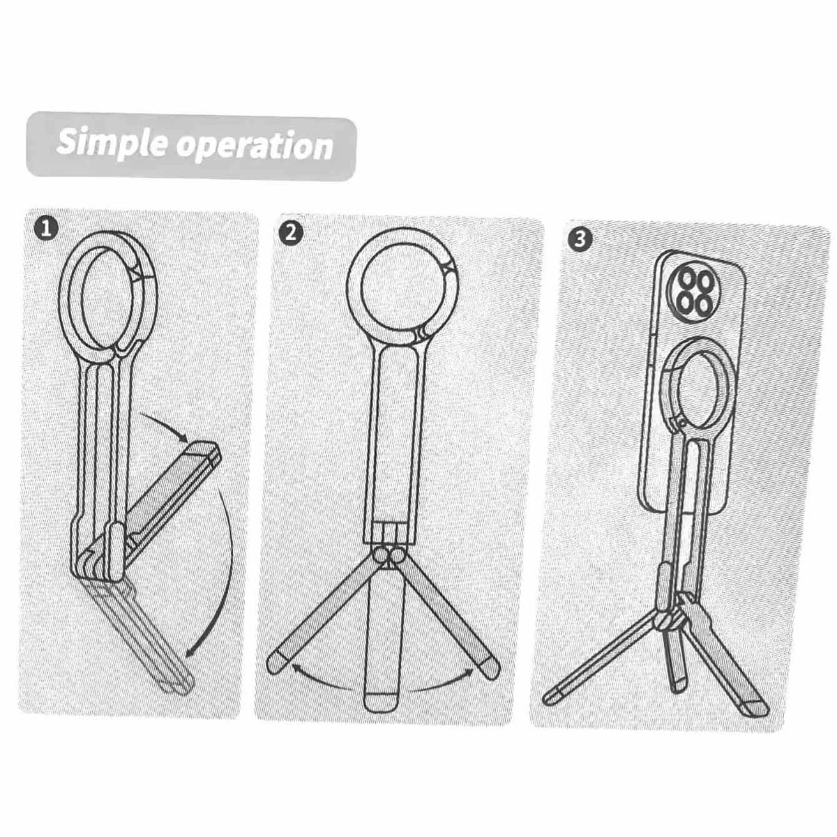 Black Magnetic Phone Stand diagram showing its circular magnetic mount, foldable tripod legs and carabiner-style hook