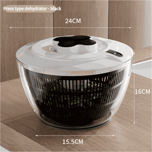 Black Manual Salad Spinner with a clear plastic bowl, black slotted inner basket and white pump lid, shown with dimensions.