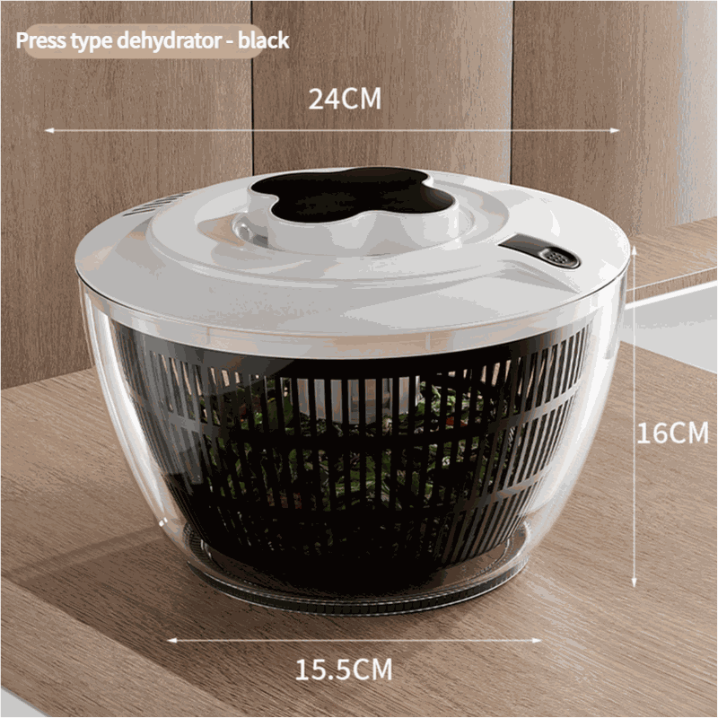 Black Manual Salad Spinner with a clear plastic bowl, black slotted inner basket and white pump lid, shown with dimensions.