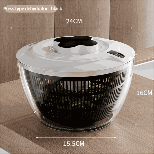 Black Manual Salad Spinner with a clear plastic bowl, black slotted inner basket and white pump lid, shown with dimensions.