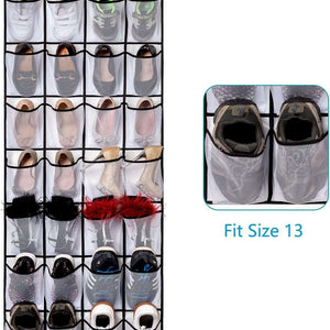 Black Over the Door Shoe Organizer with 24 transparent mesh pockets, fabric backing and metal hanging hooks