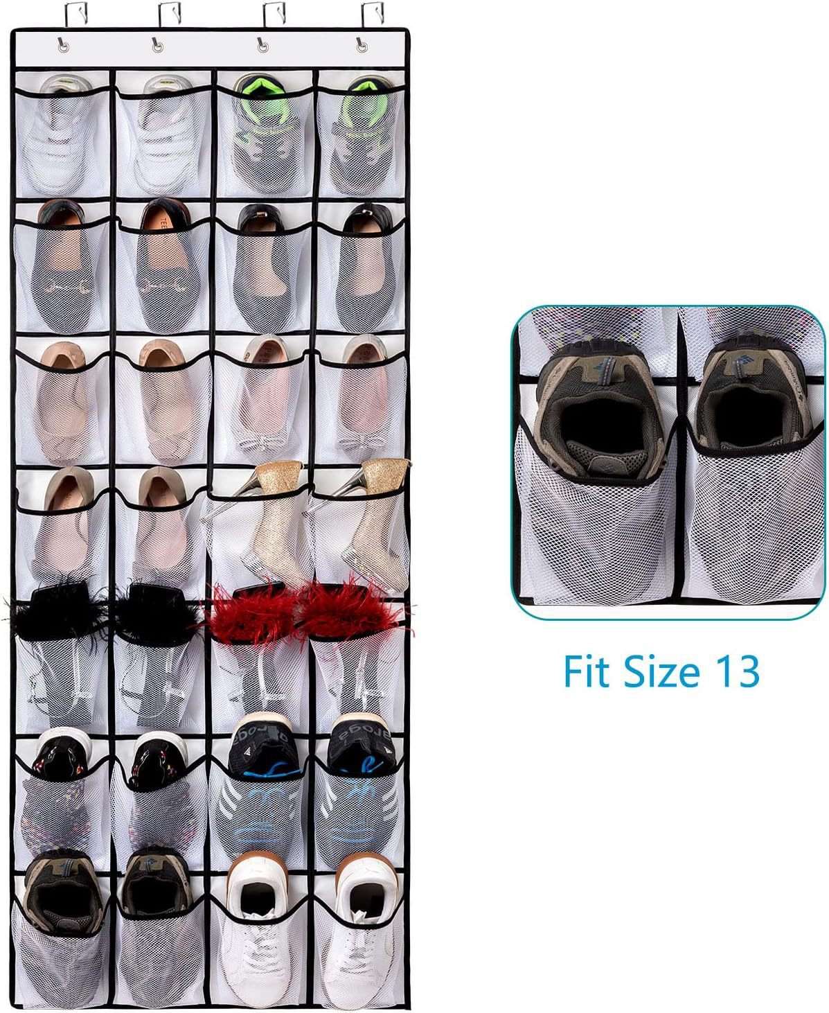 Black Over the Door Shoe Organizer with 24 transparent mesh pockets, fabric backing and metal hanging hooks