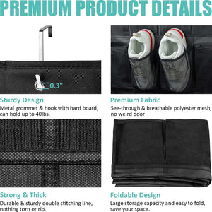 Black Over the Door Shoe Organizer with breathable black mesh pockets, reinforced non-woven fabric, metal hook and grommet