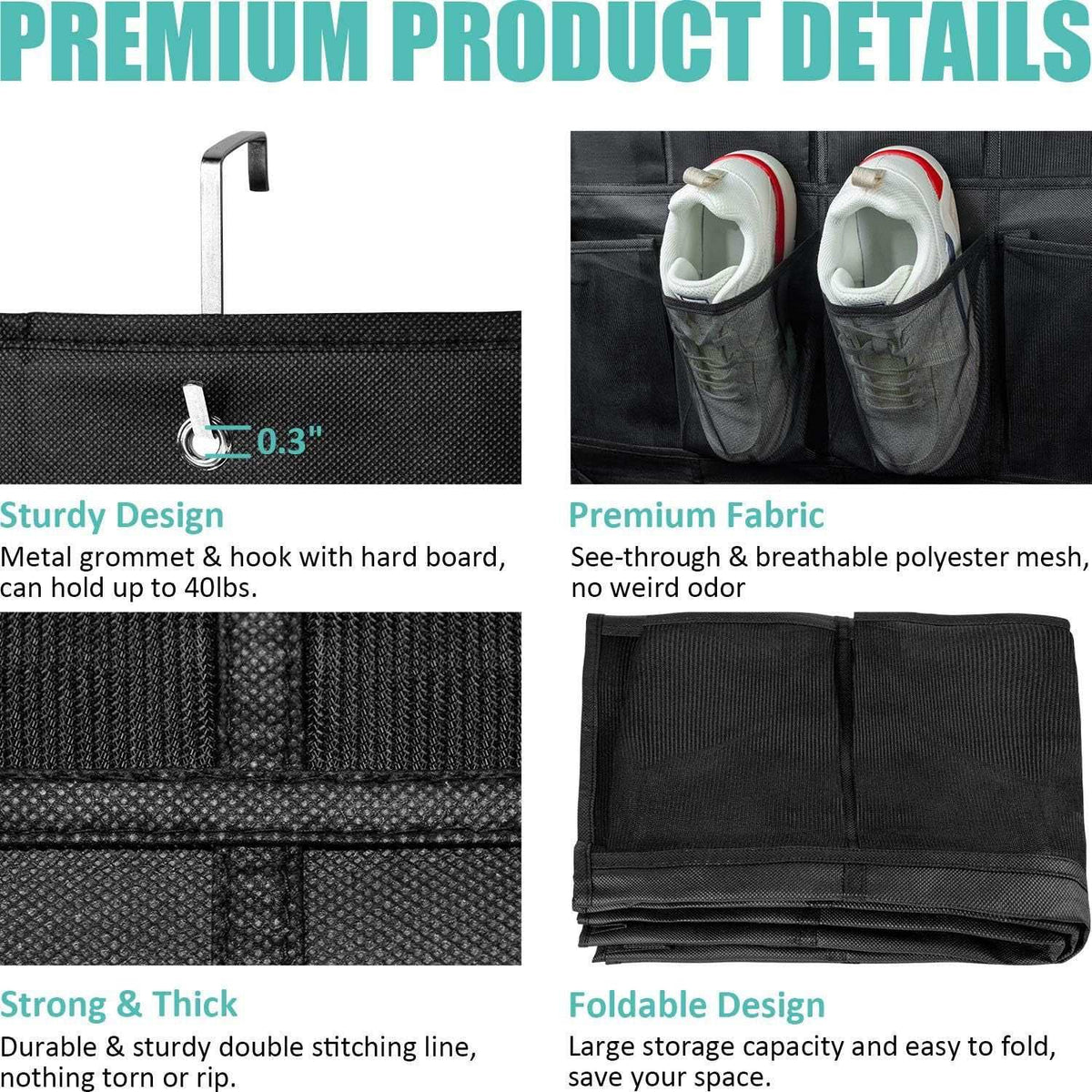 Black Over the Door Shoe Organizer with breathable black mesh pockets, reinforced non-woven fabric, metal hook and grommet