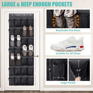 Black Over the Door Shoe Organizer with deep black mesh pockets, holding shoes in a 24-pocket hanging design