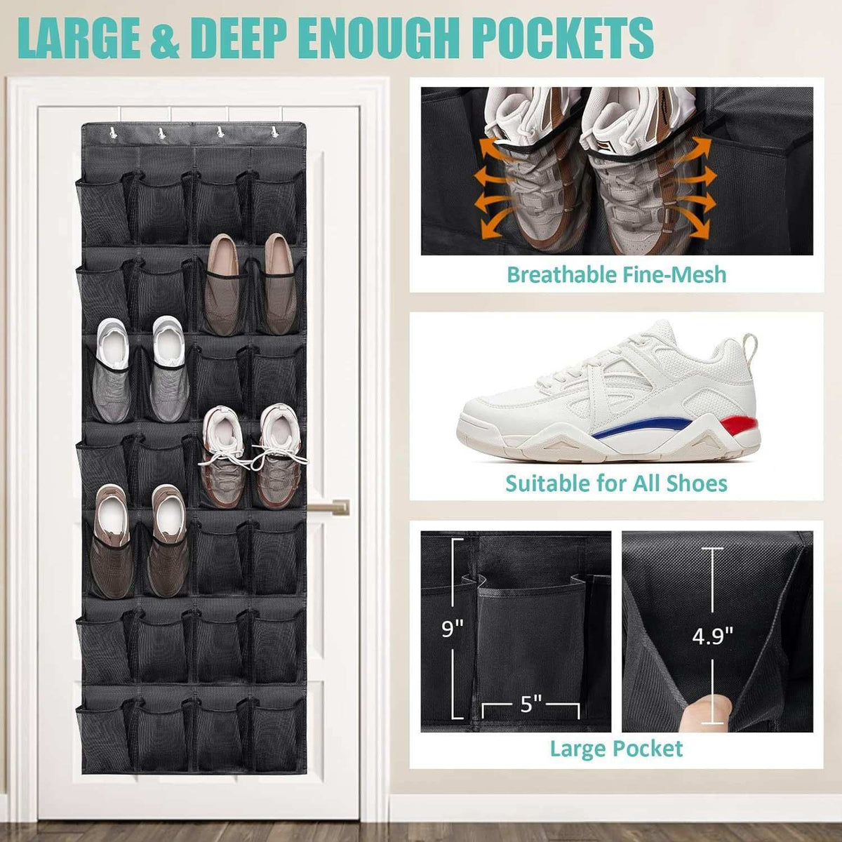 Black Over the Door Shoe Organizer with deep black mesh pockets, holding shoes in a 24-pocket hanging design