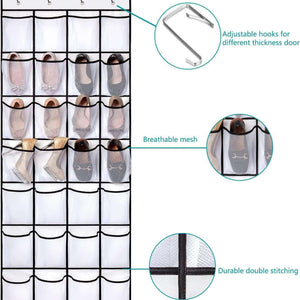 Black Over the Door Shoe Organizer in black fabric with 24 breathable mesh pockets, reinforced stitching and adjustable metal hooks