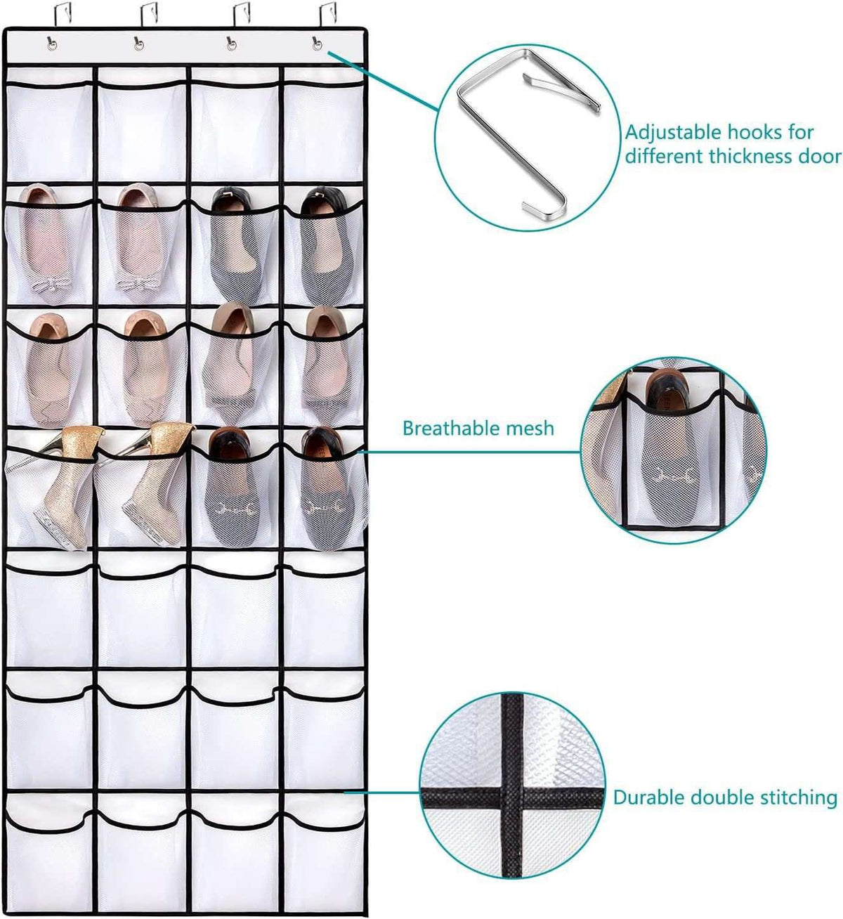 Black Over the Door Shoe Organizer in black fabric with 24 breathable mesh pockets, reinforced stitching and adjustable metal hooks