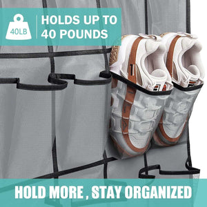 Black Over the Door Shoe Organizer with gray mesh pockets, holding white and brown sneakers in reinforced compartments