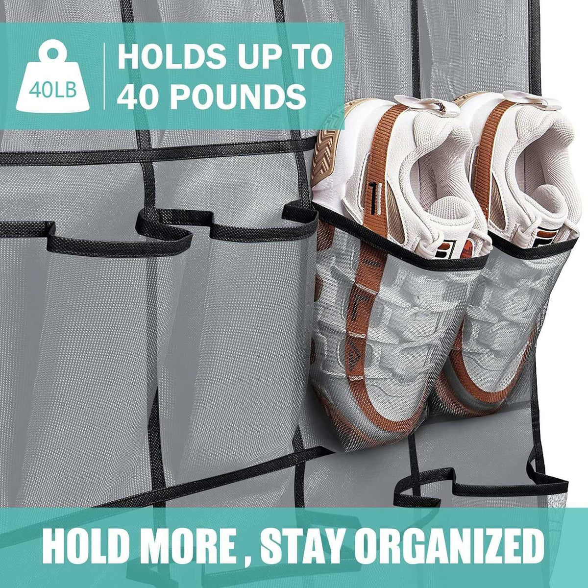 Black Over the Door Shoe Organizer with gray mesh pockets, holding white and brown sneakers in reinforced compartments