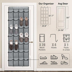 Black Over the Door Shoe Organizer with grey mesh pockets, black fabric edging, and metal hanging hooks for shoe storage