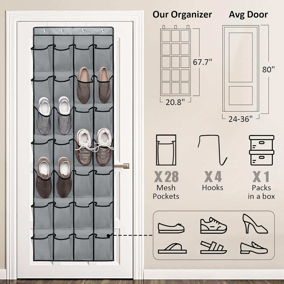 Black Over the Door Shoe Organizer with grey mesh pockets, black fabric edging, and metal hanging hooks for shoe storage