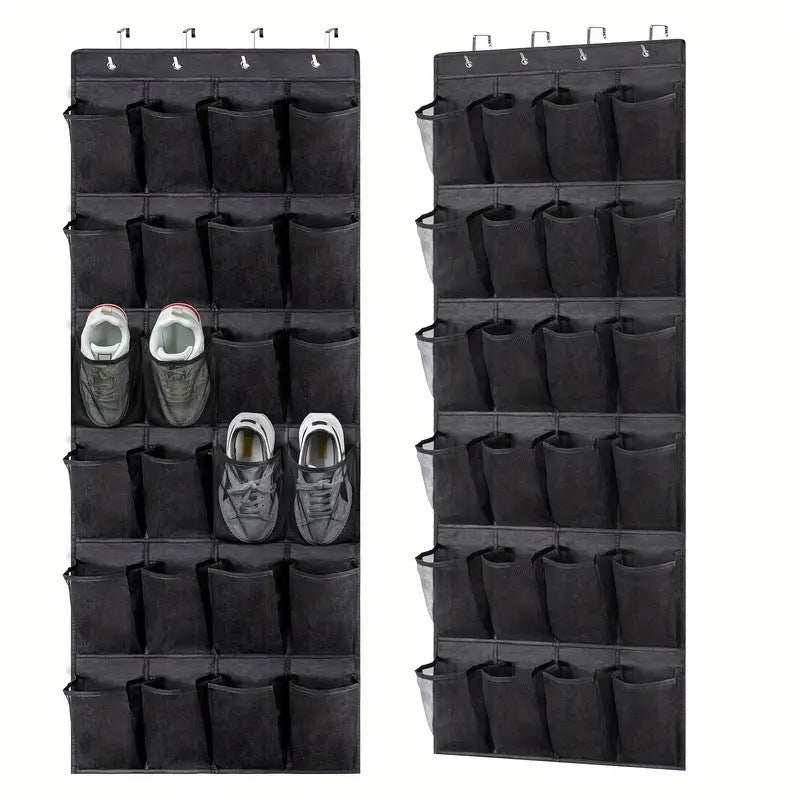 Black Over the Door Shoe Organizer with rows of dark mesh pockets, four metal hanging hooks, and shoes stored inside