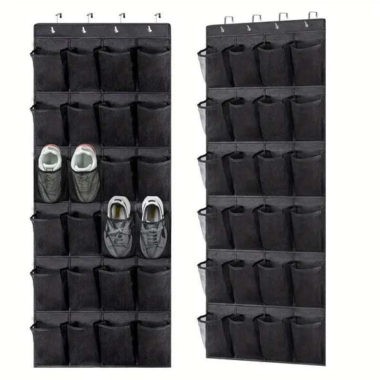 Black Over the Door Shoe Organizer with rows of dark mesh pockets, four metal hanging hooks, and shoes stored inside