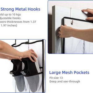 Black Over the Door Shoe Organizer with deep see-through mesh pockets, sturdy black fabric, and metal hooks holding shoes.