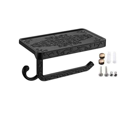 Black Paper Roll Rack in black aluminium with a decorative embossed shelf, open holder bar, curled hook and mounting hardware.